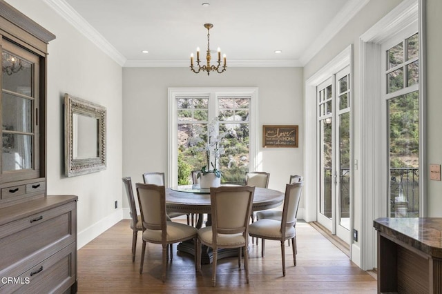 2112 Trentham Rd, Triunfo Pass-Point Mugu, CA 91361 - dining area with a chandelier, wood finished floors, crown molding, and recessed lighting