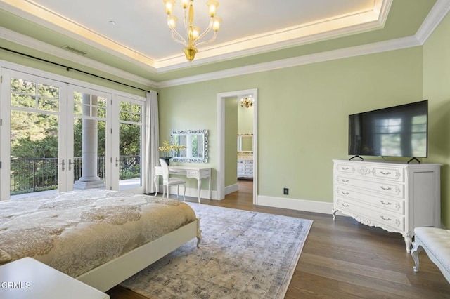 2112 Trentham Rd, Triunfo Pass-Point Mugu, CA 91361 - bedroom featuring a raised ceiling, access to outside, ornamental molding, a chandelier, and dark wood finished floors