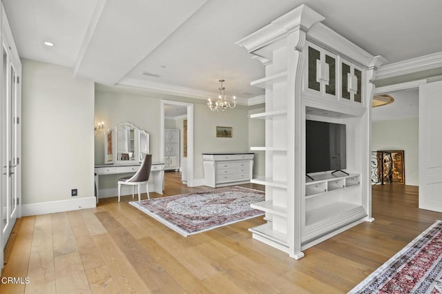 2112 Trentham Rd, Triunfo Pass-Point Mugu, CA 91361 - bedroom featuring a chandelier, hardwood / wood-style flooring, crown molding, and recessed lighting