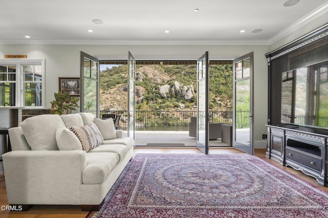 2112 Trentham Rd, Triunfo Pass-Point Mugu, CA 91361 - living room with wood finished floors, crown molding, and recessed lighting