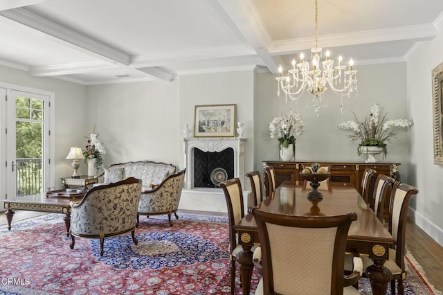 2112 Trentham Rd, Triunfo Pass-Point Mugu, CA 91361 - dining room with beam ceiling, coffered ceiling, crown molding, a chandelier, and wood finished floors