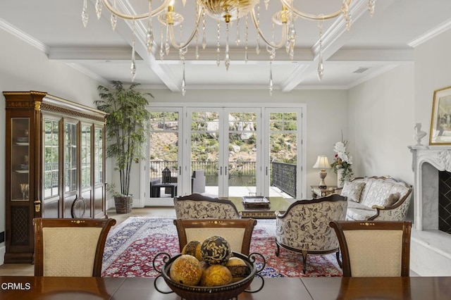 2112 Trentham Rd, Triunfo Pass-Point Mugu, CA 91361 - living area featuring a chandelier, beamed ceiling, french doors, ornamental molding, and coffered ceiling