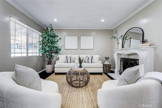 312 N Prospect Ave, Redondo Beach, CA 90277 - living room featuring wood finished floors, a fireplace with raised hearth, crown molding, recessed lighting, and baseboards