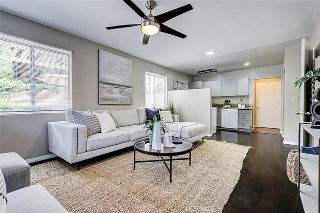 312 N Prospect Ave, Redondo Beach, CA 90277 - living room featuring dark wood-style floors, baseboards, a ceiling fan, and recessed lighting