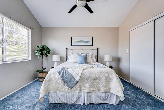 312 N Prospect Ave, Redondo Beach, CA 90277 - bedroom featuring carpet floors, a closet, ceiling fan, vaulted ceiling, and baseboards