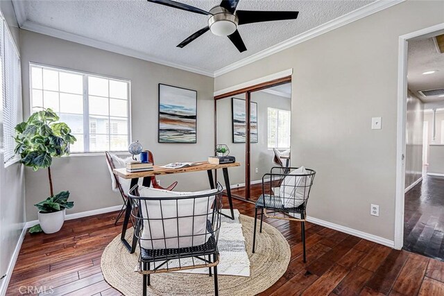 312 N Prospect Ave, Redondo Beach, CA 90277 - dining space featuring a textured ceiling, ornamental molding, hardwood / wood-style flooring, ceiling fan, and a desk