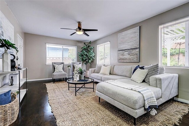 312 N Prospect Ave, Redondo Beach, CA 90277 - living area featuring plenty of natural light, dark wood-style floors, a ceiling fan, and baseboards