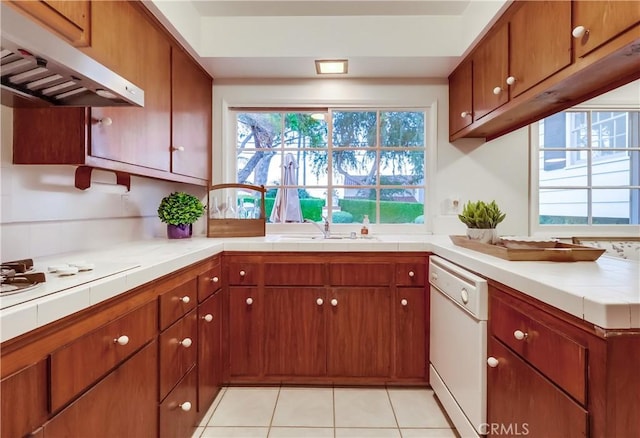 6604 Via Siena, Rancho Palos Verdes, CA 90275 - kitchen featuring under cabinet range hood, white appliances, tile countertops, a sink, and light tile patterned floors