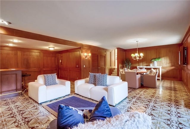 6604 Via Siena, Rancho Palos Verdes, CA 90275 - living room featuring a chandelier and wood walls