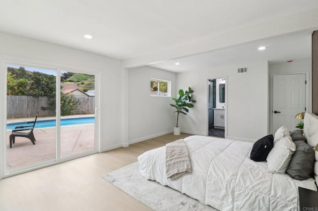 3243 Carolyn Cir, Oceanside, CA 92054 - bedroom with access to exterior, light wood-style flooring, recessed lighting, ensuite bathroom, and baseboards