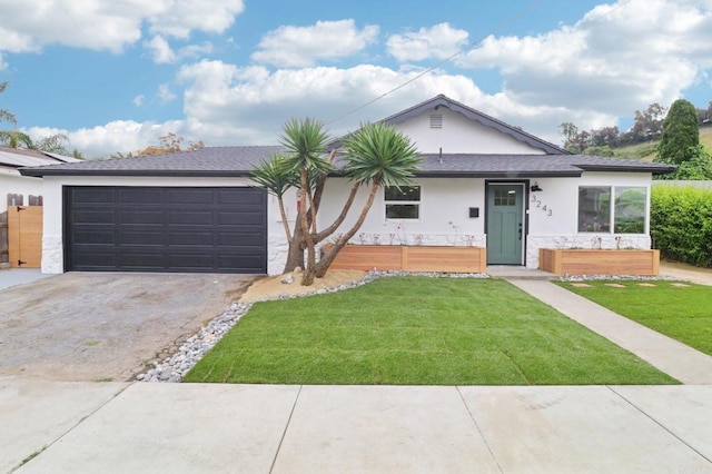 3243 Carolyn Cir, Oceanside, CA 92054 - ranch-style home featuring stucco siding, driveway, a garage, a front yard, and stone siding