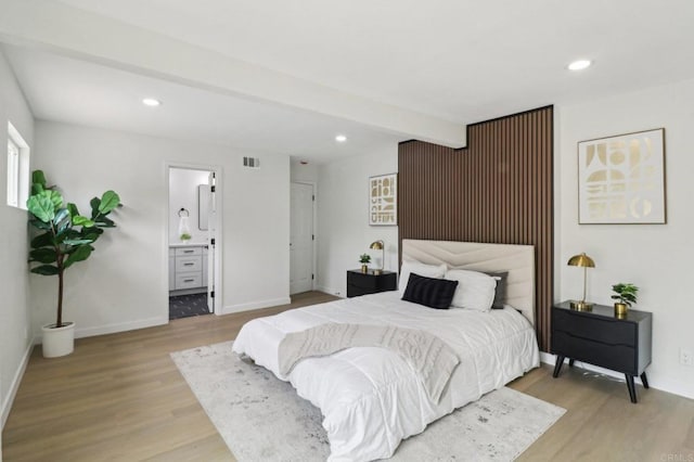 3243 Carolyn Cir, Oceanside, CA 92054 - bedroom featuring light wood finished floors, recessed lighting, baseboards, beamed ceiling, and ensuite bathroom