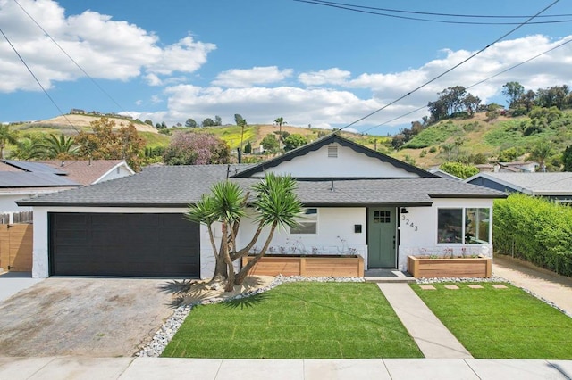 3243 Carolyn Cir, Oceanside, CA 92054 - single story home with a shingled roof, a front lawn, stucco siding, an attached garage, and asphalt driveway