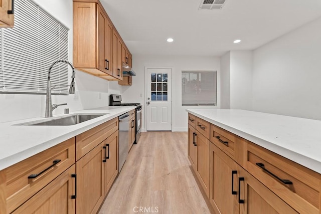 436 E Truslow Ave, Fullerton, CA 92832 - kitchen with a sink, stainless steel appliances, light wood-style flooring, under cabinet range hood, and recessed lighting