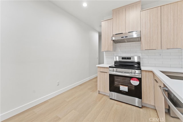 436 E Truslow Ave, Fullerton, CA 92832 - kitchen with stainless steel appliances, ventilation hood, light brown cabinets, modern cabinets, and recessed lighting