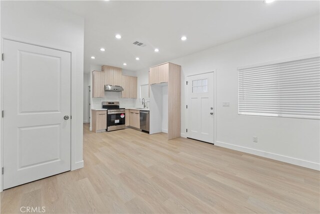 436 E Truslow Ave, Fullerton, CA 92832 - kitchen featuring appliances with stainless steel finishes, light brown cabinetry, under cabinet range hood, a sink, and light countertops