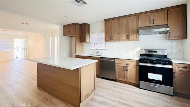 436 E Truslow Ave, Fullerton, CA 92832 - kitchen featuring stainless steel appliances, under cabinet range hood, a sink, and light wood-type flooring