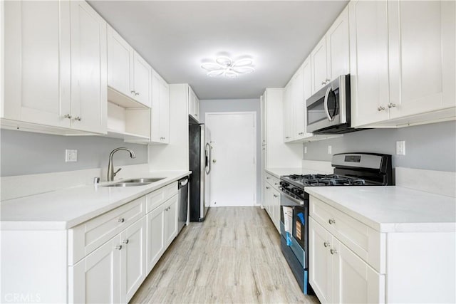 514 S Harvard Blvd Unit 309, Los Angeles, CA 90020 - kitchen with appliances with stainless steel finishes, a sink, light wood-style floors, and white cabinetry