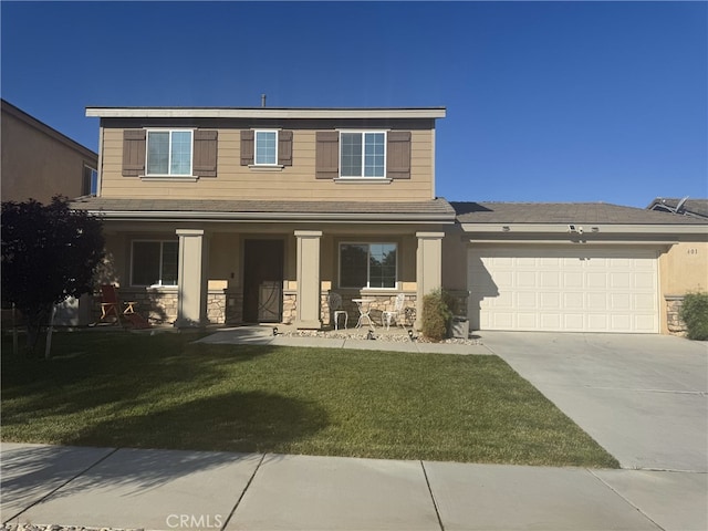401 Tivoli Ct, Hemet, CA 92543 - view of front facade featuring covered porch, stone siding, driveway, an attached garage, and a front lawn