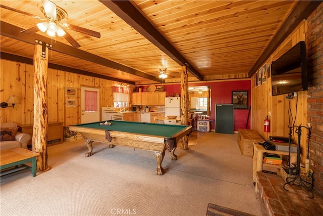 43897 Yosemite Dr, Big Bear Lake, CA 92315 - playroom with ceiling fan, wooden ceiling with exposed beams, carpet, billiards table, and wood walls