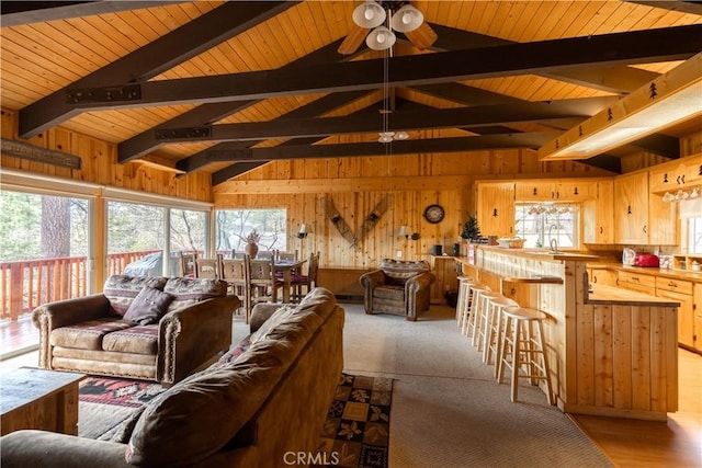 43897 Yosemite Dr, Big Bear Lake, CA 92315 - living area featuring plenty of natural light, wooden walls, wooden ceiling, and ceiling fan
