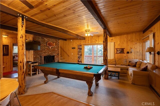 43897 Yosemite Dr, Big Bear Lake, CA 92315 - playroom with wood walls, wood ceiling with exposed beams, a ceiling fan, pool table, and wood finished floors
