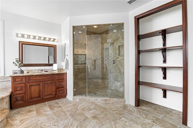 2421 N Feather Hill Dr, Orange, CA 92867 - bathroom featuring vanity, a stall shower, and baseboards