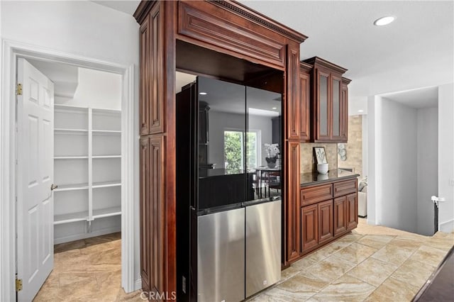 2421 N Feather Hill Dr, Orange, CA 92867 - kitchen with smart refrigerator, dark countertops, recessed lighting, and tasteful backsplash