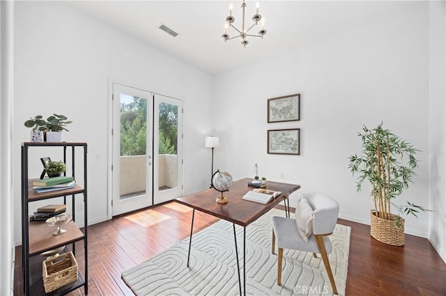 2421 N Feather Hill Dr, Orange, CA 92867 - office with french doors, wood finished floors, a chandelier, and baseboards