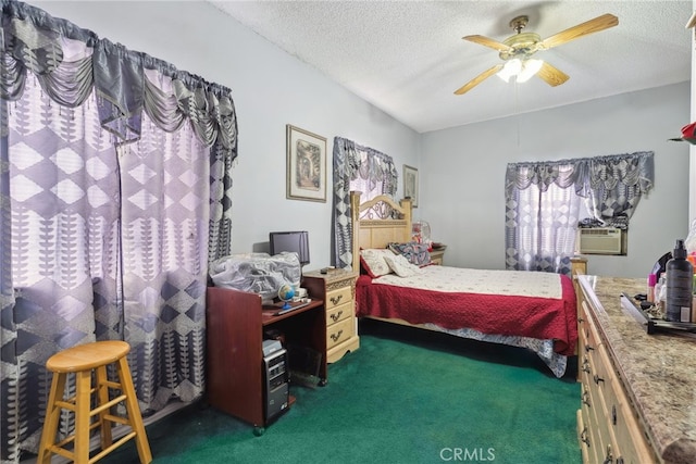 9637 San Carlos Ave, South Gate, CA 90280 - carpeted bedroom with a textured ceiling, cooling unit, and ceiling fan