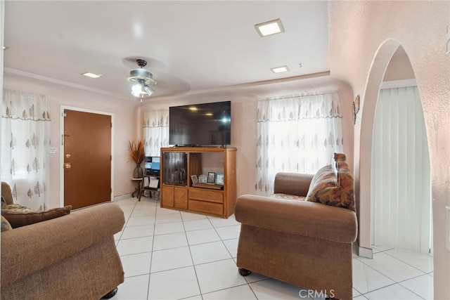 9637 San Carlos Ave, South Gate, CA 90280 - living room featuring light tile patterned floors and a ceiling fan