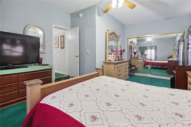 9637 San Carlos Ave, South Gate, CA 90280 - bedroom with carpet flooring, a closet, vaulted ceiling, ceiling fan, and a textured ceiling