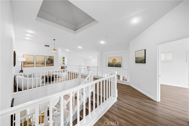 2517 Tequestra, Tustin, CA 92782 - corridor featuring an upstairs landing, wood finished floors, recessed lighting, lofted ceiling, and baseboards