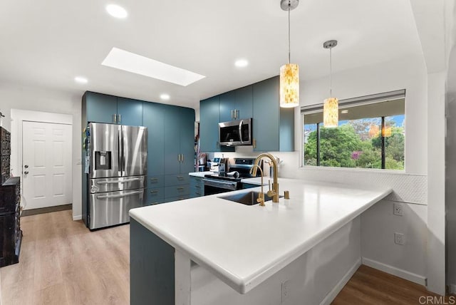 1738 33rd St, San Diego, CA 92102 - kitchen with stainless steel appliances, blue cabinets, a skylight, light wood-style floors, and a peninsula