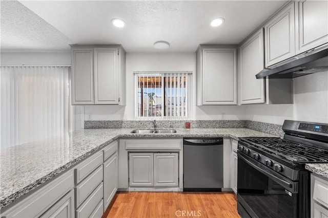 3611 Jupiter Ave, Palmdale, CA 93550 - kitchen featuring stainless steel dishwasher, gas stove, gray cabinets, a sink, and a textured ceiling