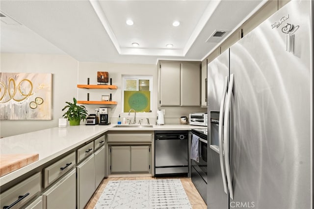 24311 Canyon Lake Dr N Unit 12, Canyon Lake, CA 92587 - kitchen featuring stainless steel appliances, a sink, open shelves, gray cabinetry, and recessed lighting