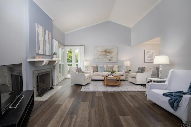 16182 Selva Dr, San Diego, CA 92128 - living area with ornamental molding, vaulted ceiling, a fireplace with flush hearth, and dark wood-style floors