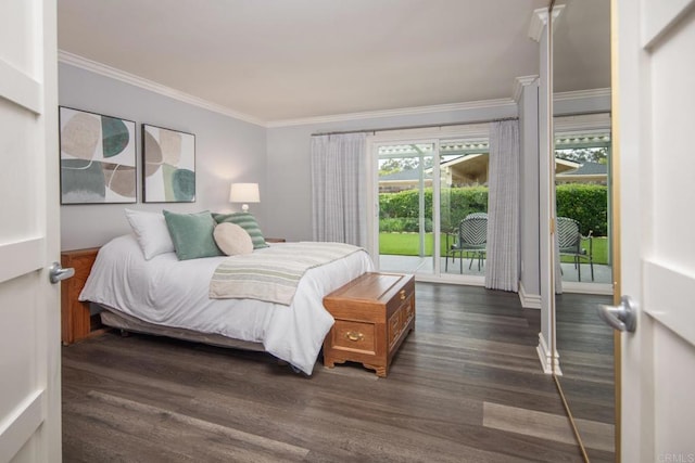 16182 Selva Dr, San Diego, CA 92128 - bedroom featuring access to exterior, ornamental molding, and dark wood-style flooring