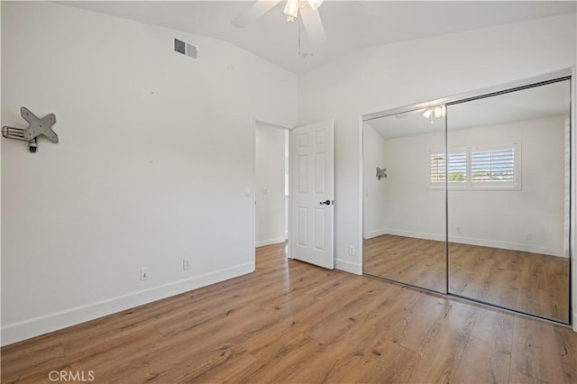 25605 Wordsworth Ln, Stevenson Ranch, CA 91381 - unfurnished bedroom featuring vaulted ceiling, wood finished floors, baseboards, a closet, and ceiling fan