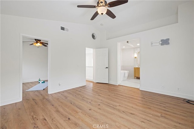 25605 Wordsworth Ln, Stevenson Ranch, CA 91381 - empty room featuring a ceiling fan, lofted ceiling, light wood-type flooring, and baseboards
