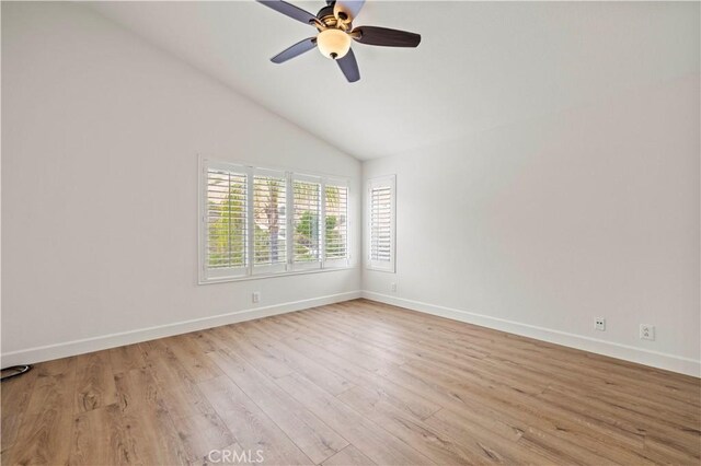25605 Wordsworth Ln, Stevenson Ranch, CA 91381 - unfurnished room featuring light wood finished floors, baseboards, ceiling fan, and high vaulted ceiling