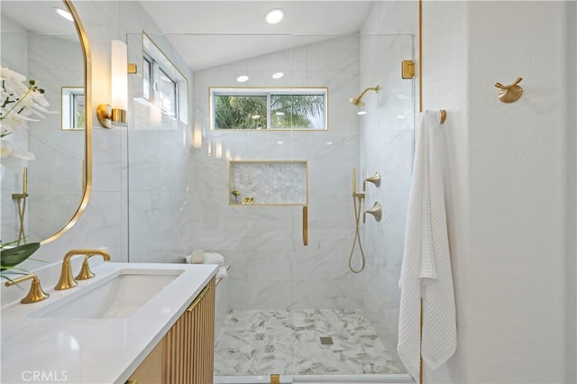 25605 Wordsworth Ln, Stevenson Ranch, CA 91381 - bathroom featuring vanity and a marble finish shower