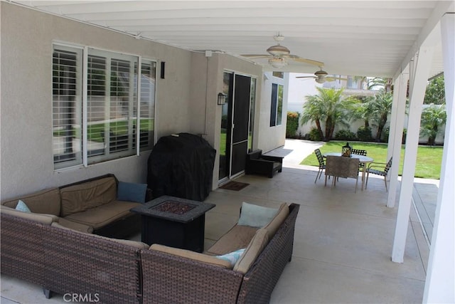 1338 Coral Gables Cir, Corona, CA 92881 - view of patio featuring an outdoor living space with a fire pit, ceiling fan, and grilling area