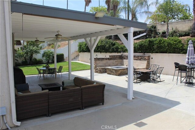 1338 Coral Gables Cir, Corona, CA 92881 - view of patio / terrace featuring outdoor dining space, an outdoor living space with a fire pit, ceiling fan, and a gazebo