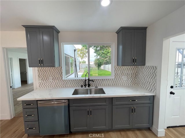 11431 Lee Ln, El Monte, CA 91731 - kitchen with dishwasher, a sink, gray cabinets, light wood-style flooring, and decorative backsplash