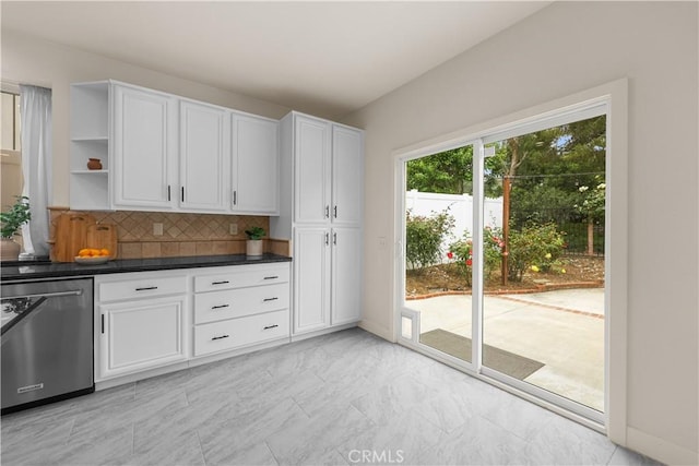 1641 Via Tulipan, San Clemente, CA 92673 - kitchen with dishwasher, open shelves, backsplash, white cabinets, and dark countertops