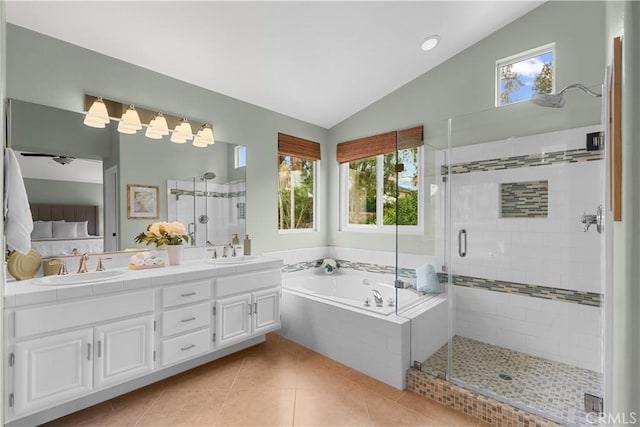 1641 Via Tulipan, San Clemente, CA 92673 - full bathroom featuring lofted ceiling, a stall shower, a garden tub, double vanity, and tile patterned flooring