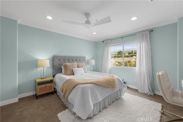 1641 Via Tulipan, San Clemente, CA 92673 - bedroom featuring ornamental molding, carpet flooring, recessed lighting, baseboards, and a ceiling fan