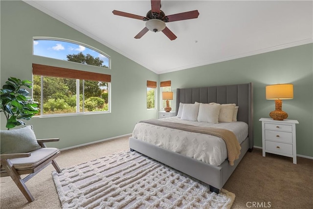 1641 Via Tulipan, San Clemente, CA 92673 - carpeted bedroom featuring vaulted ceiling, ornamental molding, baseboards, and ceiling fan