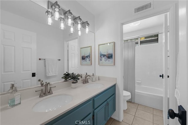 1641 Via Tulipan, San Clemente, CA 92673 - full bath featuring toilet, double vanity, tile patterned floors, and shower / bathtub combination with curtain